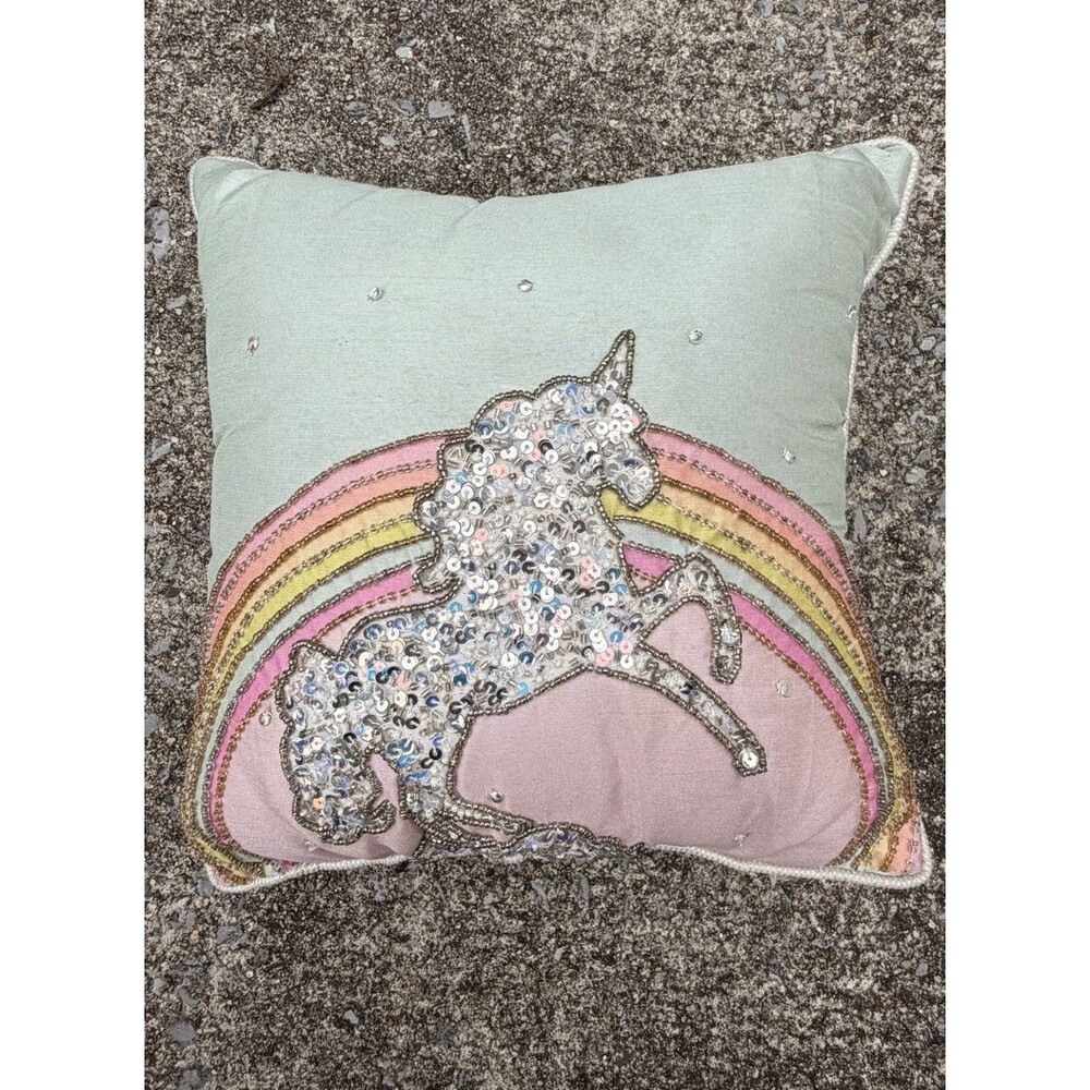 Sequin Unicorn Pillow Rainbow Beaded Decorative Throw Cushion India Cottagecore